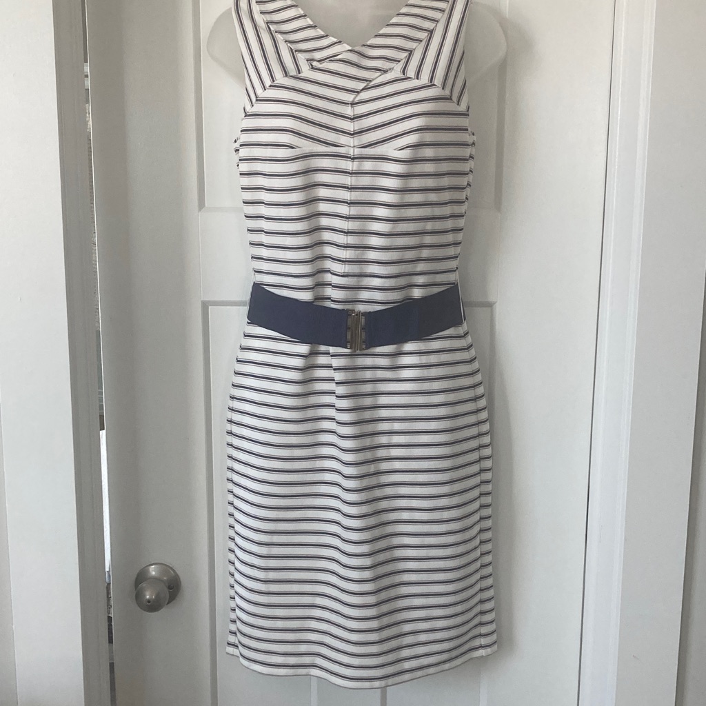 Navy And White Striped Sleeveless Midi Dress ,Size-4p, Lined, Belted